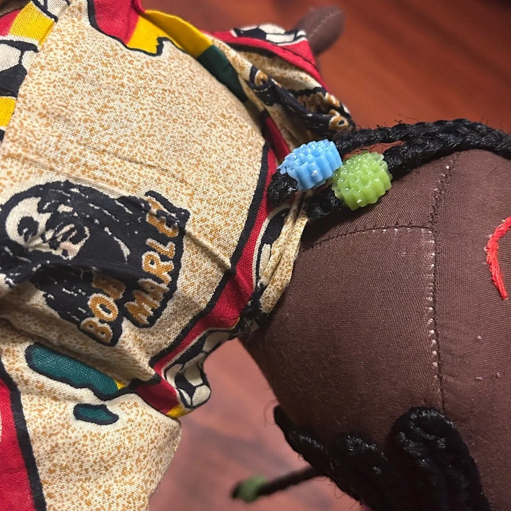 Handmade African Black Rag Doll w/Braids & Beads wearing a Bob Marley Dress 13”